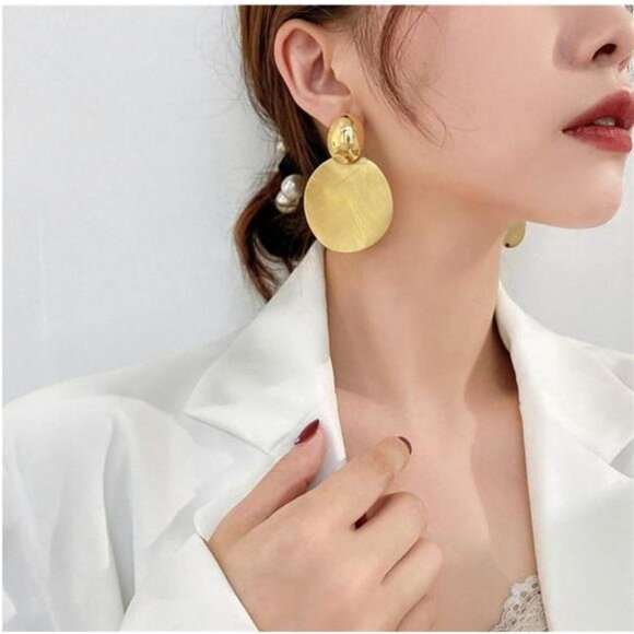 Gold Disc Round Drop Earrings Circular Dangle Earrings Round Stud Jewelry - Picture 1 of 6